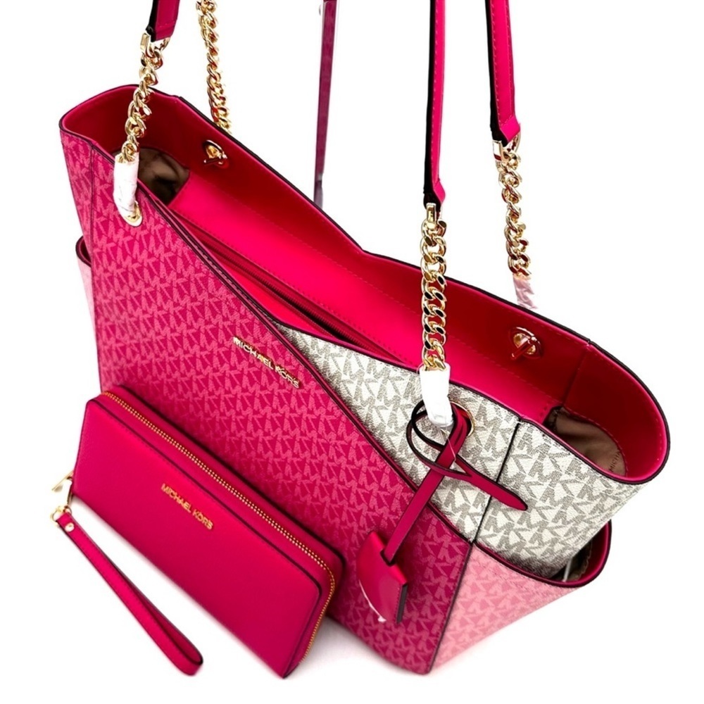 Michael Kors Large X Chain Shoulder Tote Bag & Continental Wallet Electric Pink - Picture 11 of 14